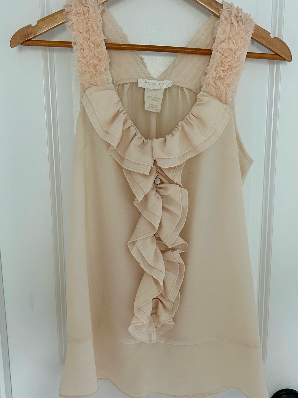 MM Couture Blush Cream Ruffle-Front Sleeveless Blouse